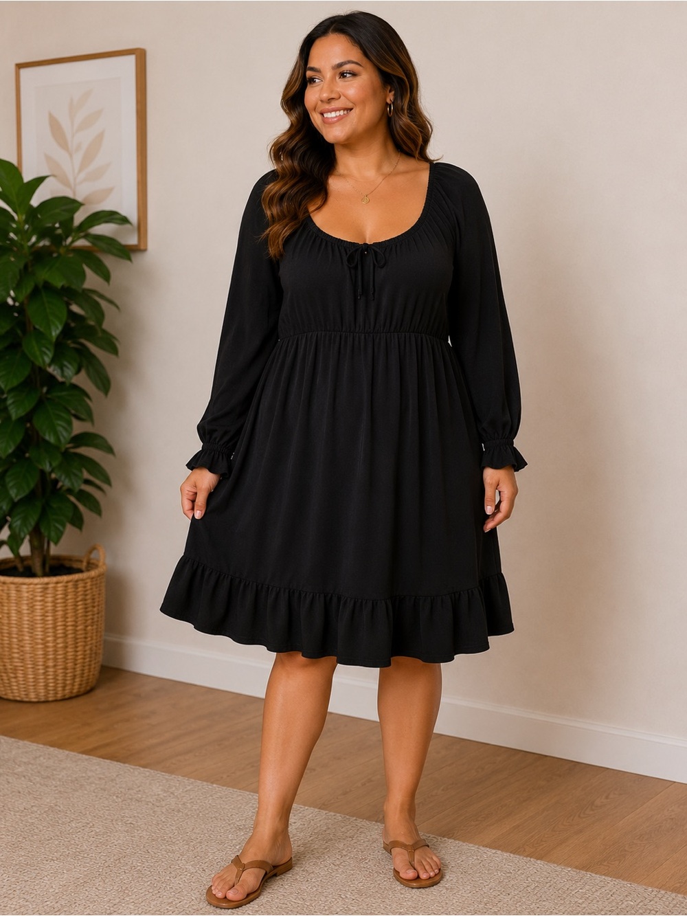 Black Long Sleeve Ruffle-Hem Dress with Scoop Neck